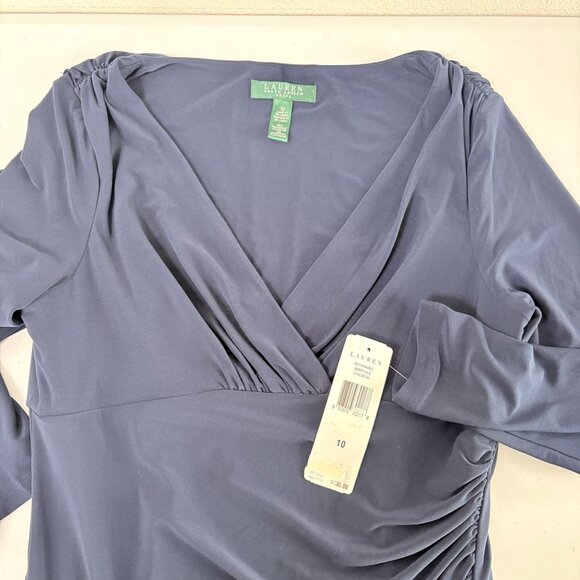 Lauren Ralph Lauren Faux Wrap Ruched Dress Size 10 Navy 3/4 Sleeve Bodycon NWT - Picture 5 of 12